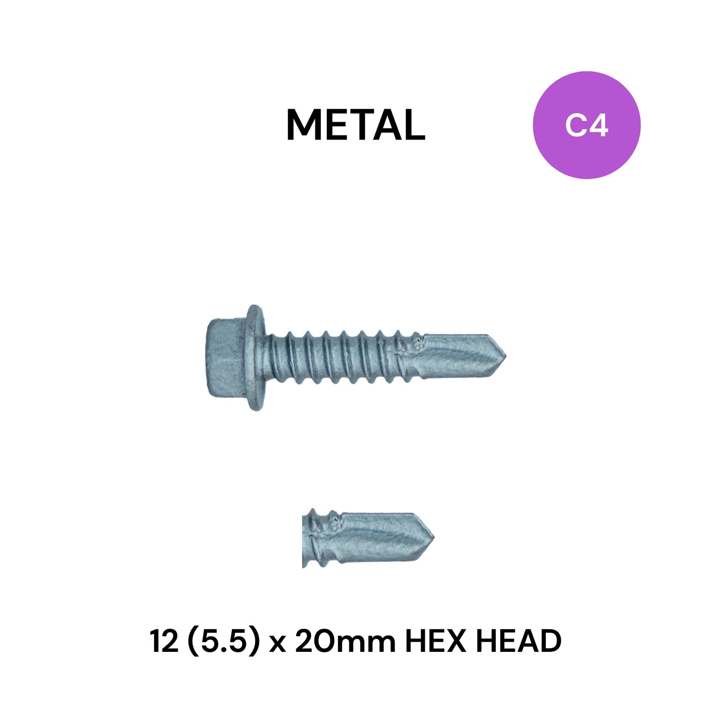 12 (5.5) x 20mm Metal Hex Head Class 4